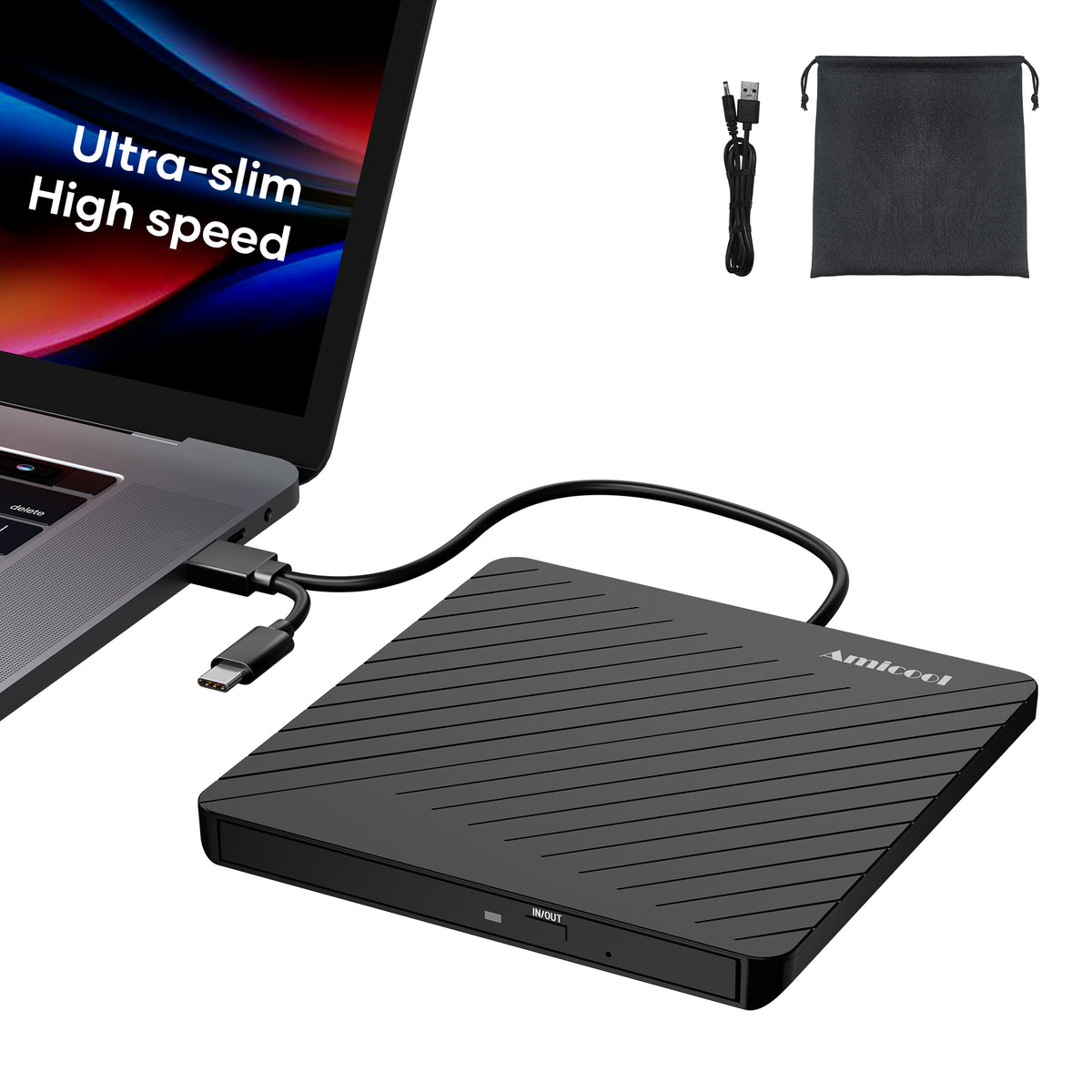 Amicool External USB-C USB 3.0 CD/DVD Drive Burner Player Laptop Ultra-Slim +/-RW Portable Writer CD/DVD Reader for Laptop Desktop PC Computer, Mac iMac MacBook, Windows 11/10/8 Linux Optical Drive