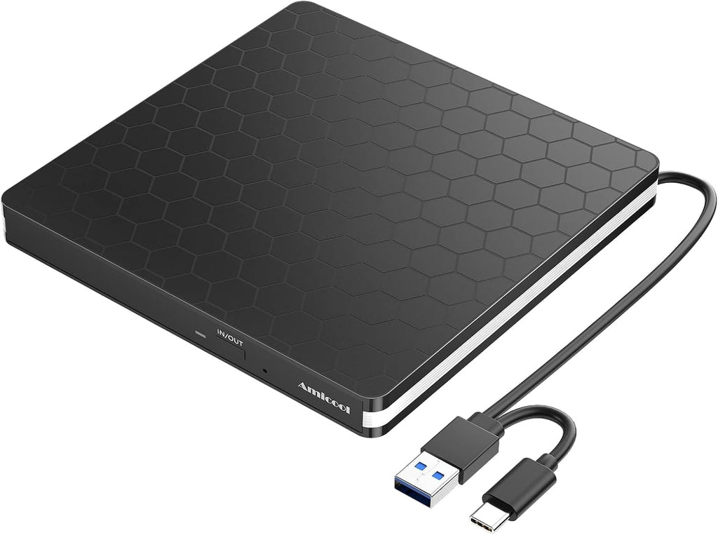 Amicool External DVD Drive, USB 3.0 Type-C CD DVD +/-RW Optical Drive USB C Burner Slim CD/DVD ROM Rewriter Writer Reader Portable for PC Laptop Desktop MacBook Mac Windows 7/8.1/10 Linux OS Apple
