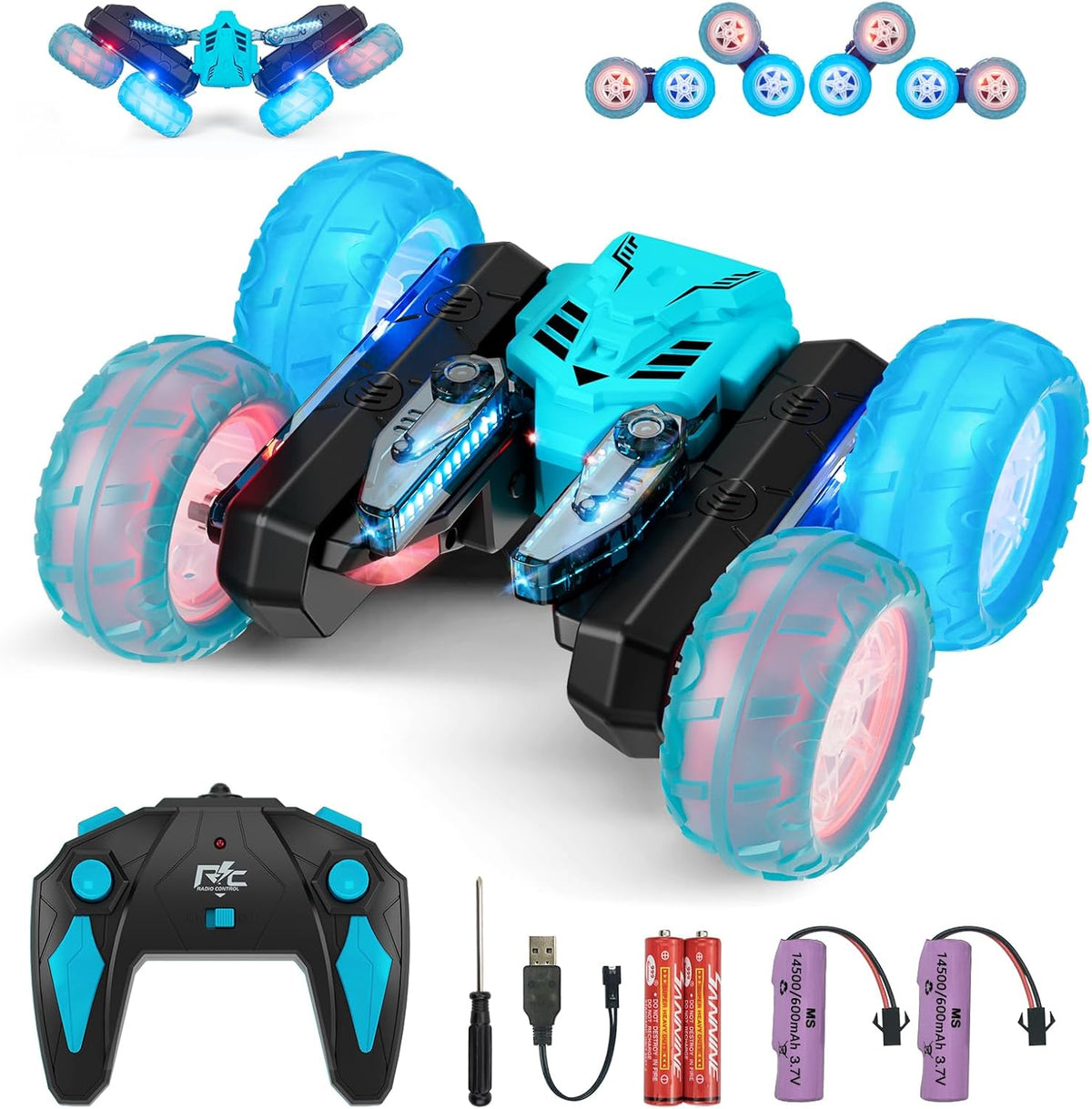 Amicool Car Remote Control Child with Upgraded Light Band and Wheel Lights, 4WD 360°Rotation 2.4GHz Car Radio Control Crawlers for Children 6-12 Years (Blue)