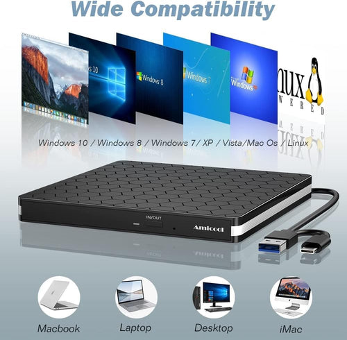 Amicool External DVD Drive, USB 3.0 Type-C CD DVD +/-RW Optical Drive USB C Burner Slim CD/DVD ROM Rewriter Writer Reader Portable for PC Laptop Desktop MacBook Mac Windows 7/8.1/10 Linux OS Apple