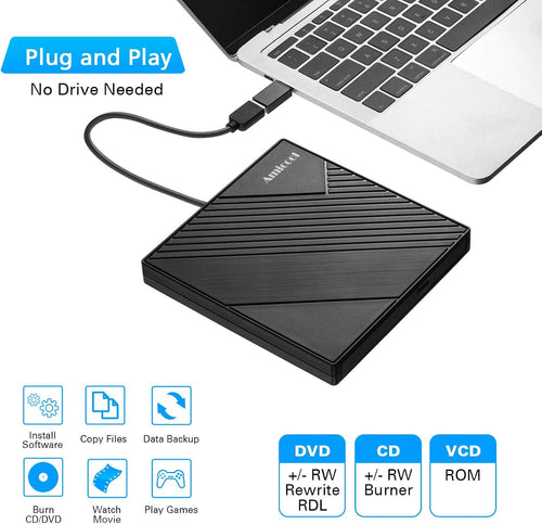 Amicool External DVD Drive External USB 3.0 USB C CD Drive for Laptop Desktop PC MacBook External DVD Burner Windows 7/8.1/10/11 Linux Mac OS CD/DVD Reader Portable +/-RW ROM Optical Drive