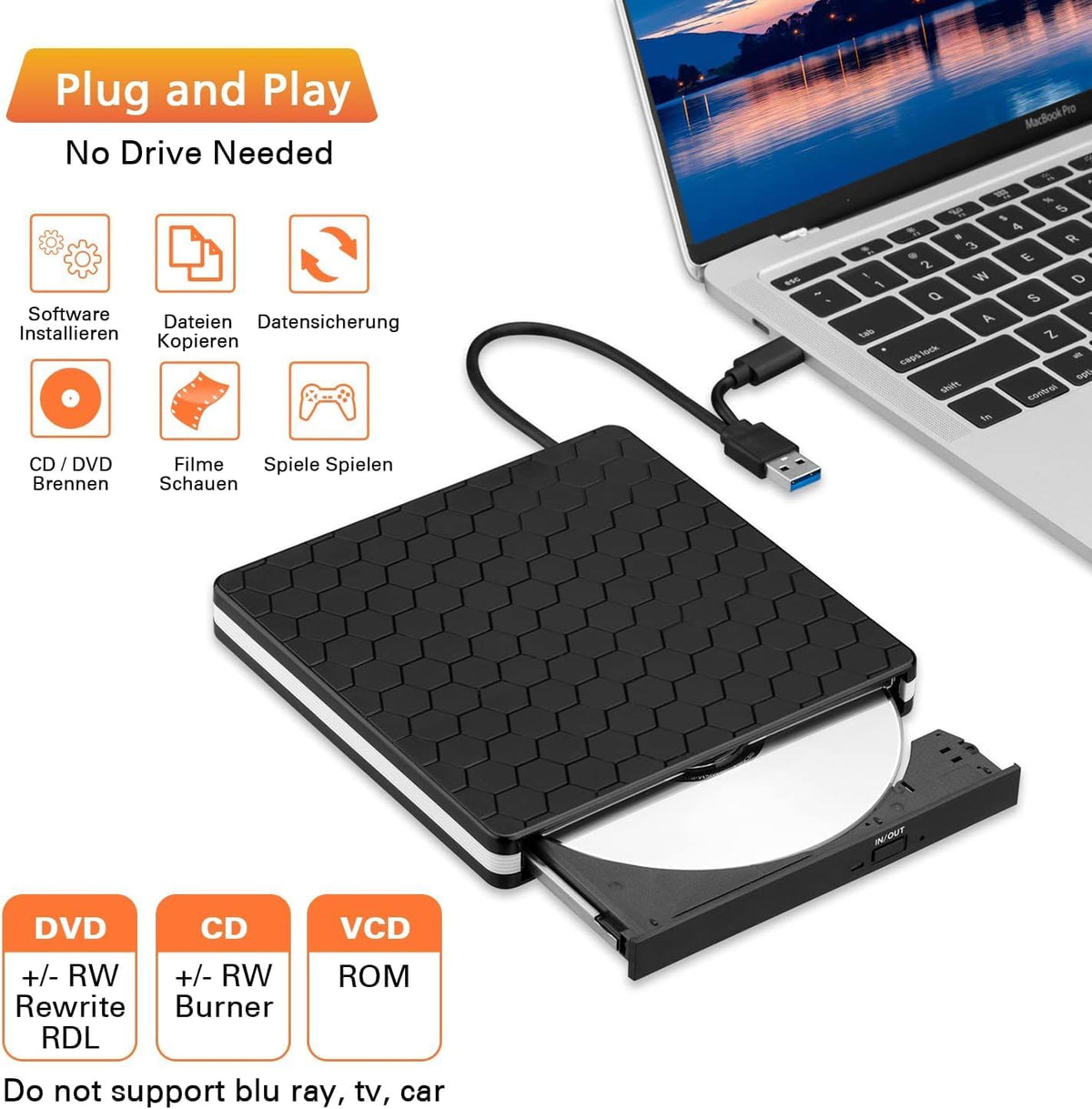 Amicool External DVD Drive, USB 3.0 Type-C CD DVD +/-RW Optical Drive USB C Burner Slim CD/DVD ROM Rewriter Writer Reader Portable for PC Laptop Desktop MacBook Mac Windows 7/8.1/10 Linux OS Apple