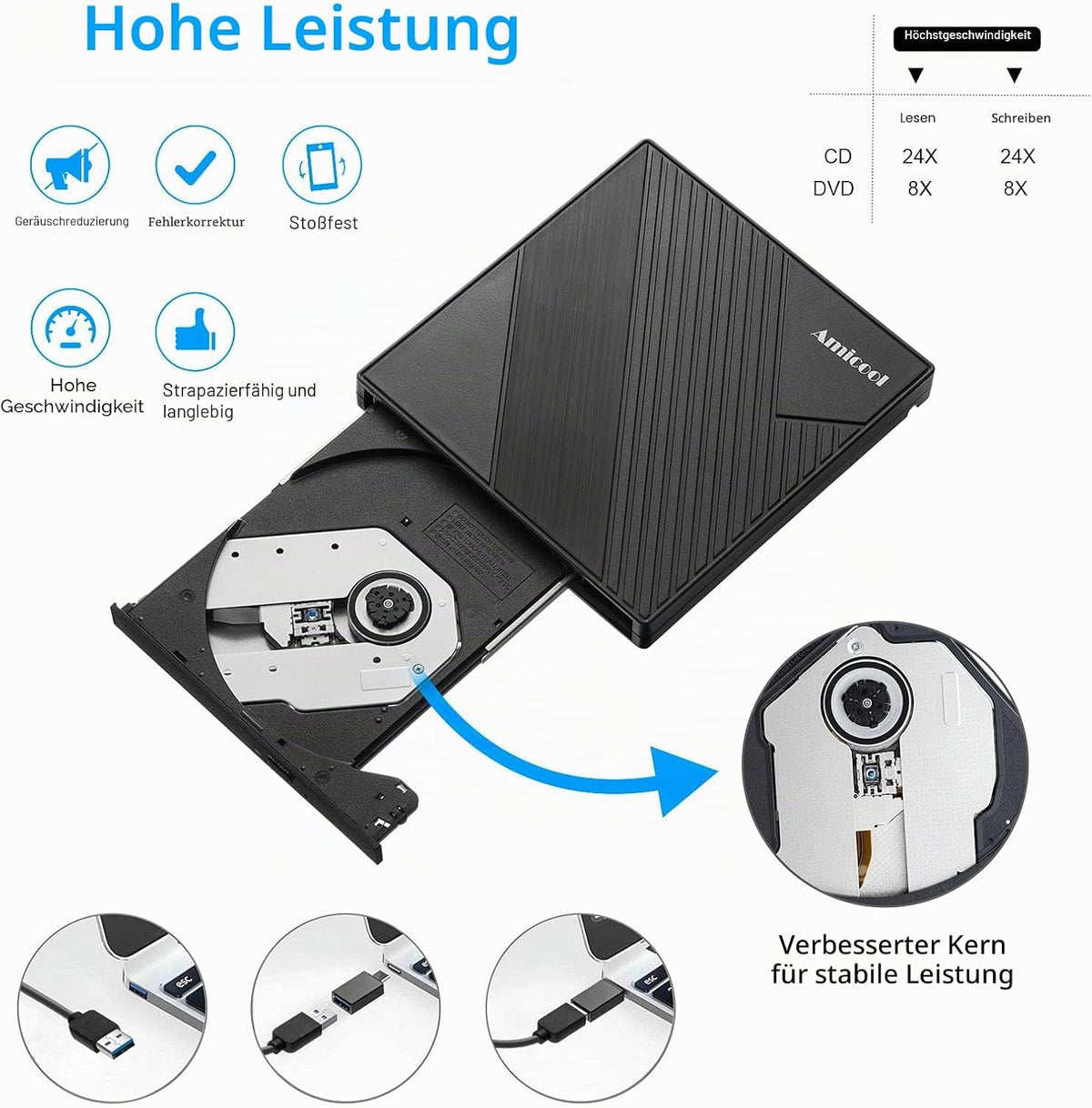 Amicool External DVD Drive External USB 3.0 USB C CD Drive for Laptop Desktop PC MacBook External DVD Burner Windows 7/8.1/10/11 Linux Mac OS CD/DVD Reader Portable +/-RW ROM Optical Drive