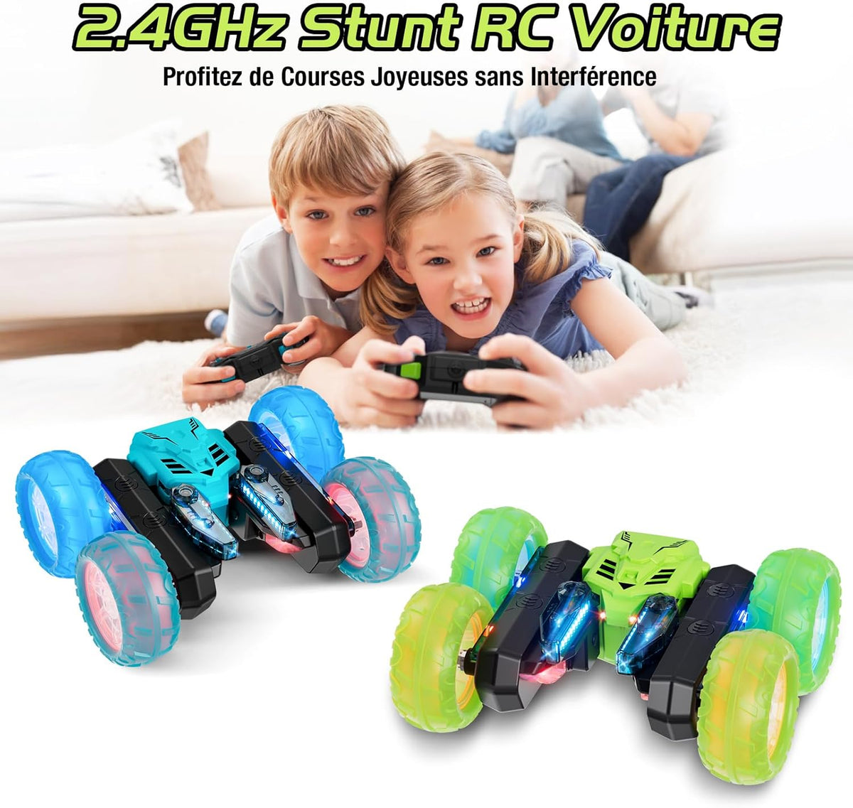 Amicool Car Remote Control Child with Upgraded Light Band and Wheel Lights, 4WD 360°Rotation 2.4GHz Car Radio Control Crawlers for Children 6-12 Years (Blue)