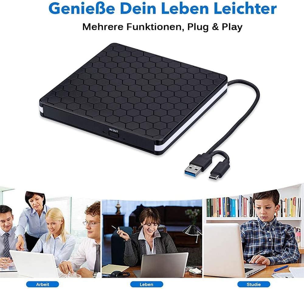 Amicool External DVD Drive, USB 3.0 Type-C CD DVD +/-RW Optical Drive USB C Burner Slim CD/DVD ROM Rewriter Writer Reader Portable for PC Laptop Desktop MacBook Mac Windows 7/8.1/10 Linux OS Apple