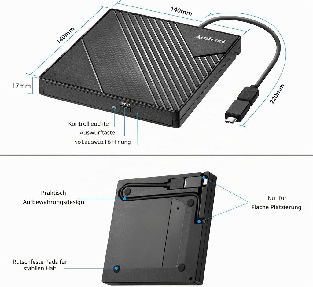 Amicool External DVD Drive External USB 3.0 USB C CD Drive for Laptop Desktop PC MacBook External DVD Burner Windows 7/8.1/10/11 Linux Mac OS CD/DVD Reader Portable +/-RW ROM Optical Drive