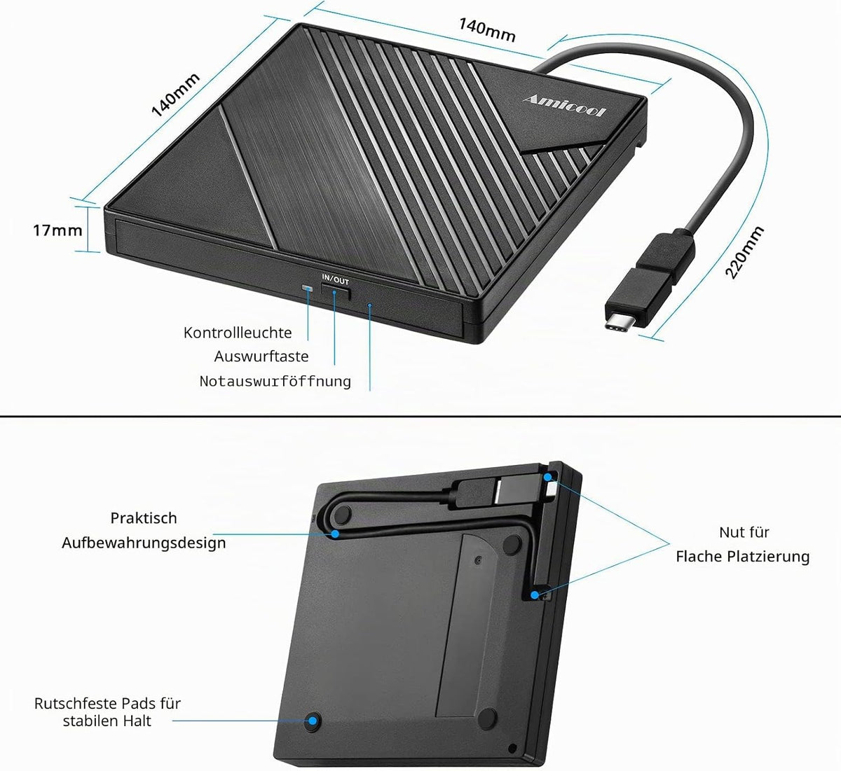 Amicool External DVD Drive External USB 3.0 USB C CD Drive for Laptop Desktop PC MacBook External DVD Burner Windows 7/8.1/10/11 Linux Mac OS CD/DVD Reader Portable +/-RW ROM Optical Drive