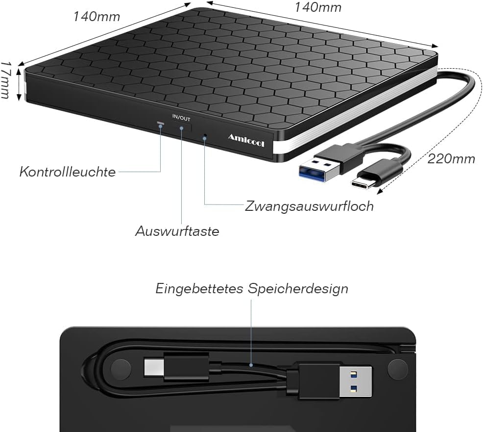 Amicool External DVD Drive, USB 3.0 Type-C CD DVD +/-RW Optical Drive USB C Burner Slim CD/DVD ROM Rewriter Writer Reader Portable for PC Laptop Desktop MacBook Mac Windows 7/8.1/10 Linux OS Apple