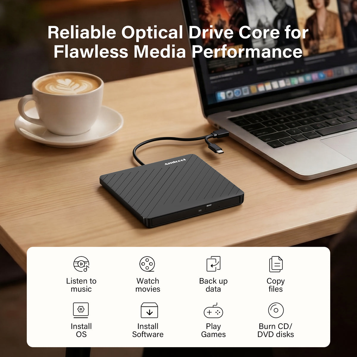 Amicool External USB-C USB 3.0 CD/DVD Drive Burner Player Laptop Ultra-Slim +/-RW Portable Writer CD/DVD Reader for Laptop Desktop PC Computer, Mac iMac MacBook, Windows 11/10/8 Linux Optical Drive