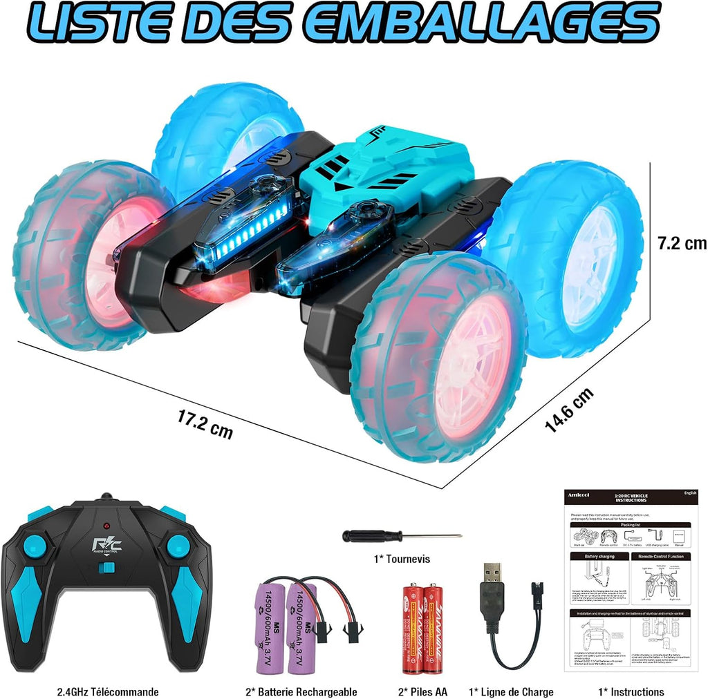 Amicool Car Remote Control Child with Upgraded Light Band and Wheel Lights, 4WD 360°Rotation 2.4GHz Car Radio Control Crawlers for Children 6-12 Years (Blue)