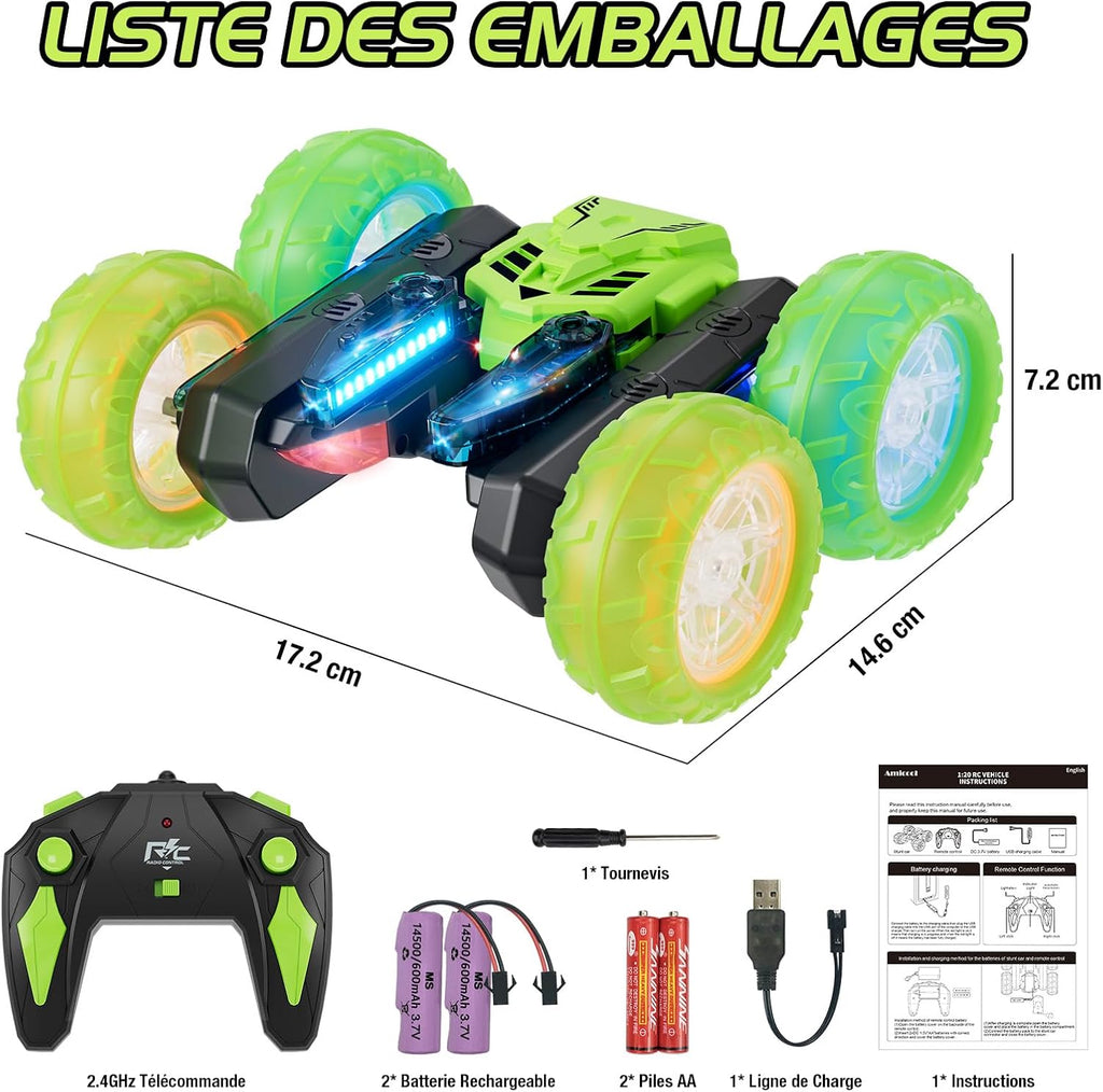 Amicool Car Remote Control Child with Upgraded Light Band and Wheel Lights, 4WD 360°Rotation 2.4GHz Car Radio Control Crawlers for Children 6-12 Years (Green)